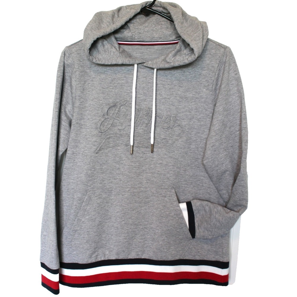 Tommy Hilfiger Women M Medium Gray Signature‎ Knit Hoodie Sweatshirt Long Sleeve
